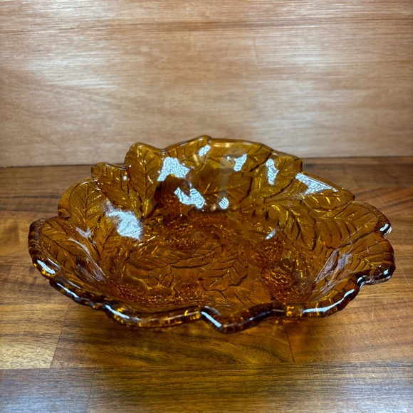 Amber Candy Trinket Dish Logan Berry Pattern Tidbit Bowl Glass Vintage 7” x 2” - Picture 2 of 7